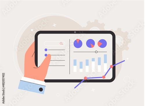 Marketing industry, business analysis concept. Hand holds tablet. Design infographi project, statistics, diagram in screen. Flat style vector illustration.