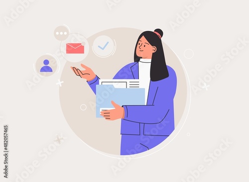 Personal productivity and task management. Business woman holds documents folder, icons set. Newsletter digital promotion, email marketing, time management.