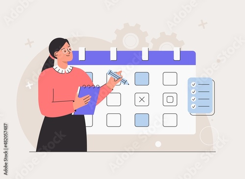 Personal productivity and task management. Business woman holds pen with notes, organizing work in calendar. Efficient and effective time management and multitasking at work.