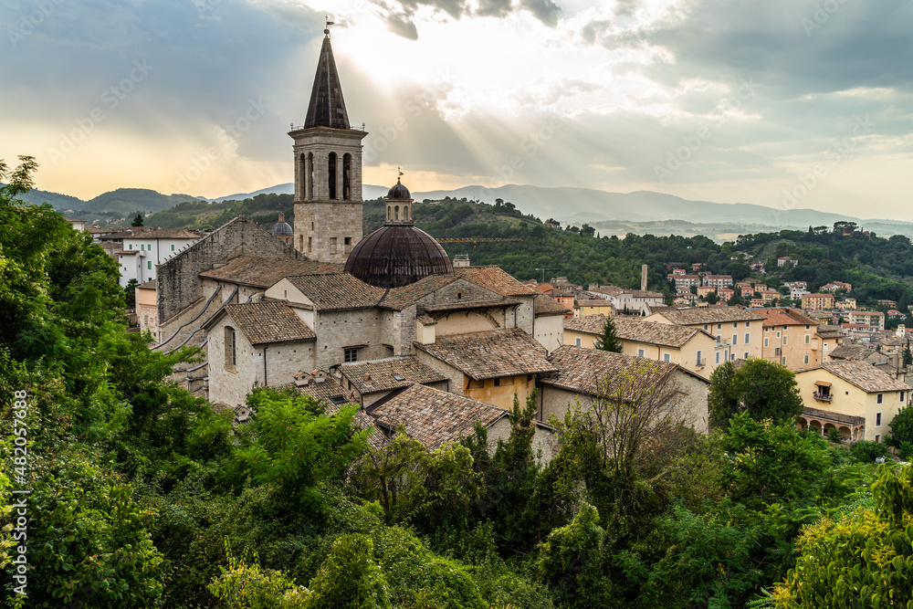 Scenic panorama of Spoleto historic center with the bell tower of Spoleto Cathedral, Umbria, Italy