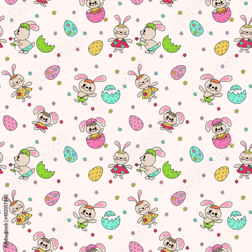Easter bunnies vector seamless pattern with cute bunnies and eggs on pastel background