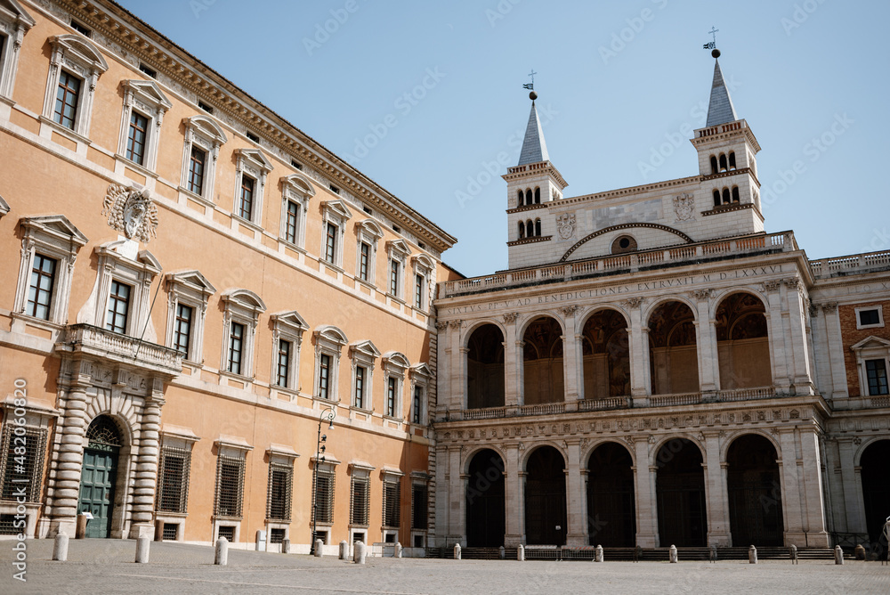 View of the Loggia Delle Benedizioni cathedral from San Giovanni in Laterano square next to the Lateran Palace, in Rome