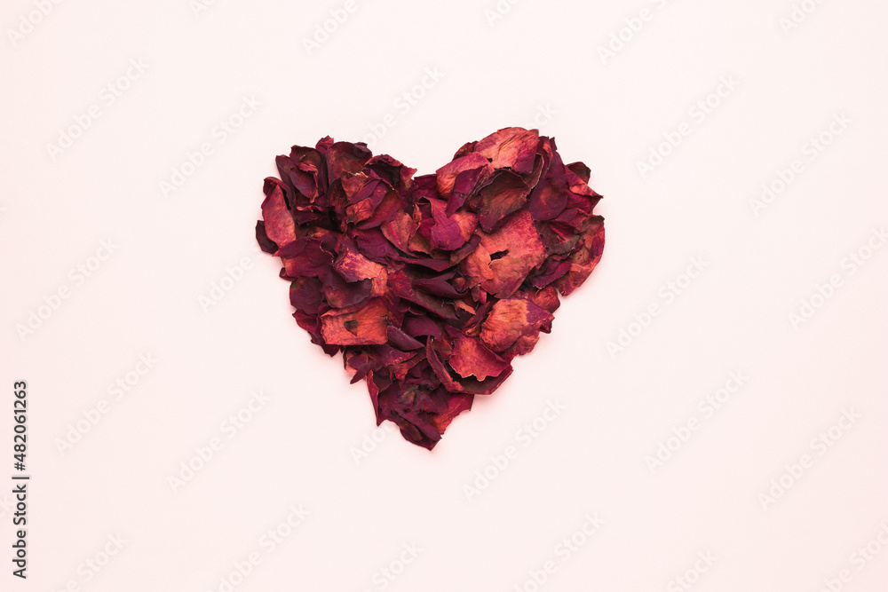 A beautiful heart made of dried rose petals on a pastel background. The concept of a romantic relationship.