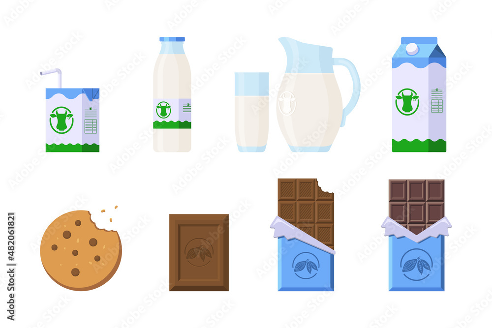 Snack Product Set. Flat Style. Collection of cookie, chocolate and Milk in different package for logo, label; sticker, print, recipe, menu, decor and decoration Snack Product Set. Flat Style. Collection of cookie, chocolate and Milk in different package for logo, label; sticker, print, recipe, menu, decor and decoration