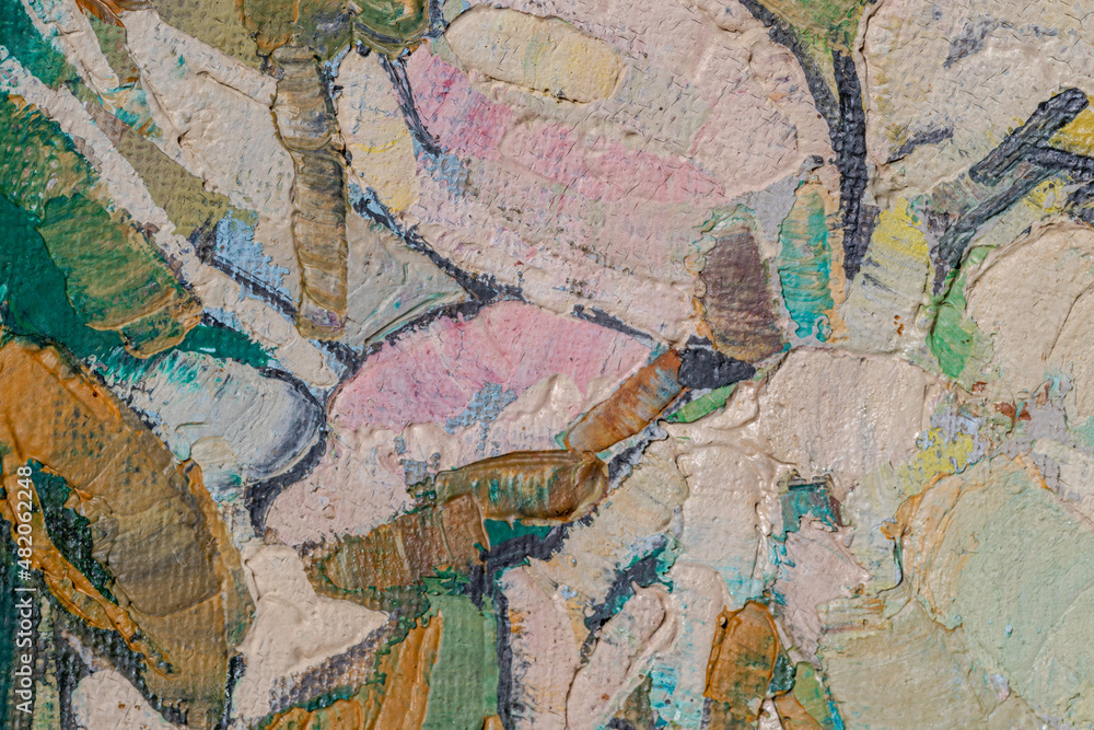 Naklejka premium Abstract background closeup of a painting with brushstrokes. Rough art paint smear. Large multicolor spots of brush strokes and palette knife on the canvas