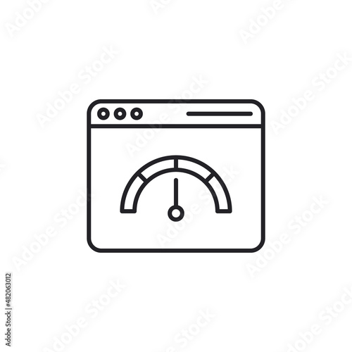 Website speed icon represented by dashboard and browser. Page Speed. Website speed loading time vector icon, web browser seo analyzer. Website speed test symbol. Webpage and dashboard line icon.