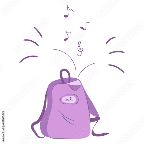 Musical backpack with notes. Listening to music, children's school backpack, mascot, cartoon character design. Vector isolated illustration with girl's pink backpack.