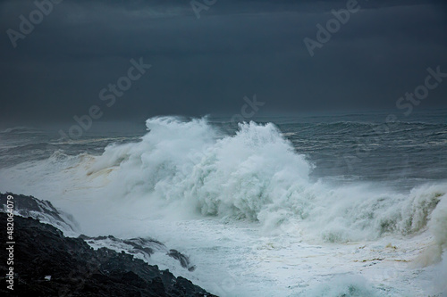Huge waves on the Oregon coast near Depoe Bay during a winter storm