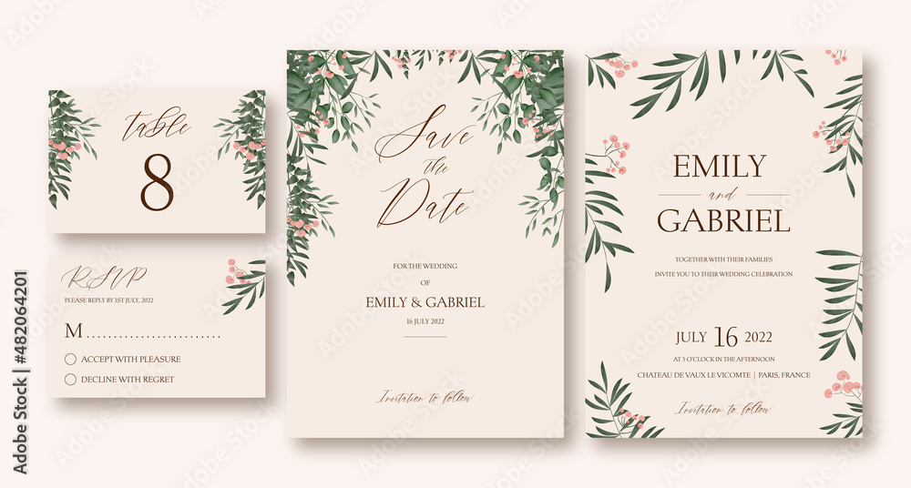 Save the date card with watercolor foliage. Floral wedding invitation card. Wedding invitation set in rustic style
