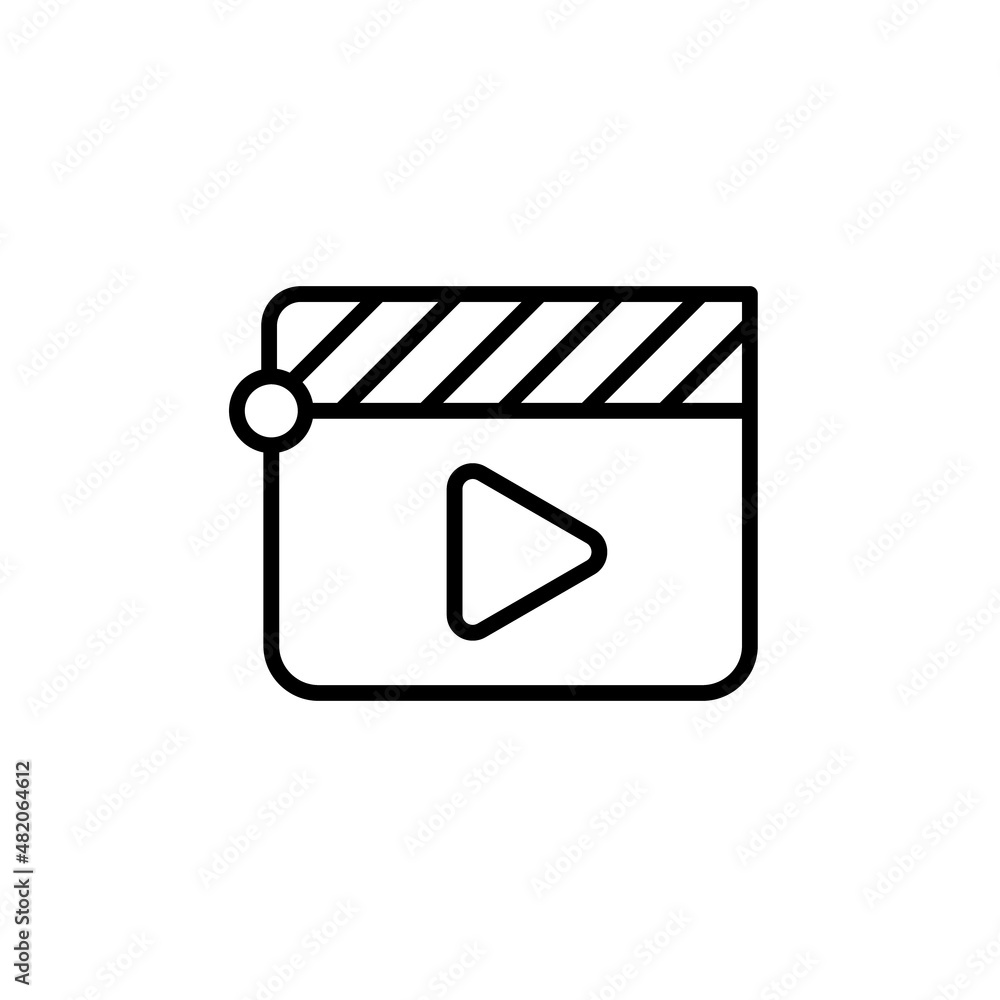 Film clapper and triangle play sign. Simple icon or logo isolated on white background. Flat style vector illustration. Movie clapperboard or film clapboard line art vector icon for video apps.
