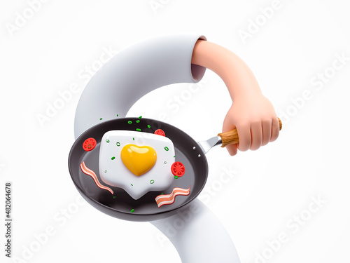 3d render, funny cartoon character flexible hand cooking breakfast in a pan, clip art isolated on white background. Social media metaphor, recommendation concept