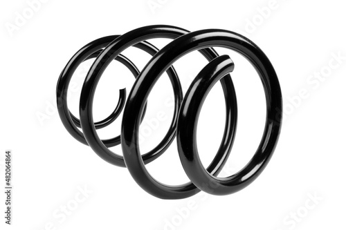 Automotive shock absorber coil spring isolated on white background. Coil spring in black steel car suspension system spare parts isolated on white background.