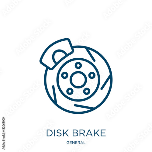 disk brake icon from general collection. Thin linear disk brake, auto, brake outline icon isolated on white background. Line vector disk brake sign, symbol for web and mobile