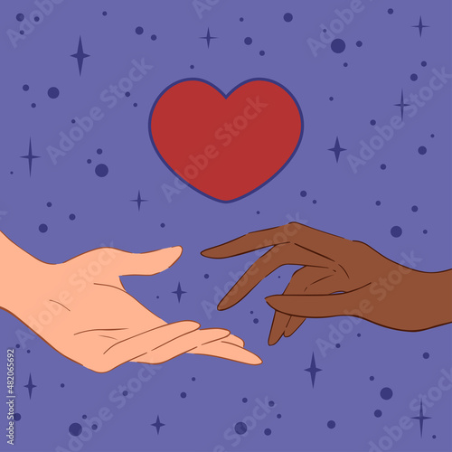 Flat style of multiracial couple hands under red heart. Vector illustration of hand of multiethnic couple reaching out to each other under red heart against purple starry sky. Vector illustration