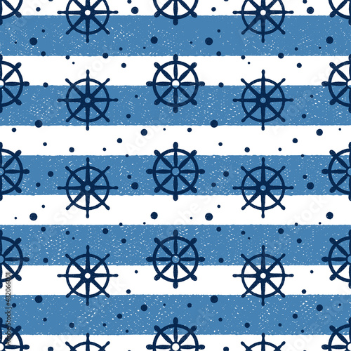 Vector pattern in doodle style with steering wheel and bubbles on striped background. Seamless pattern on marine concept in hand-drawn ink texture