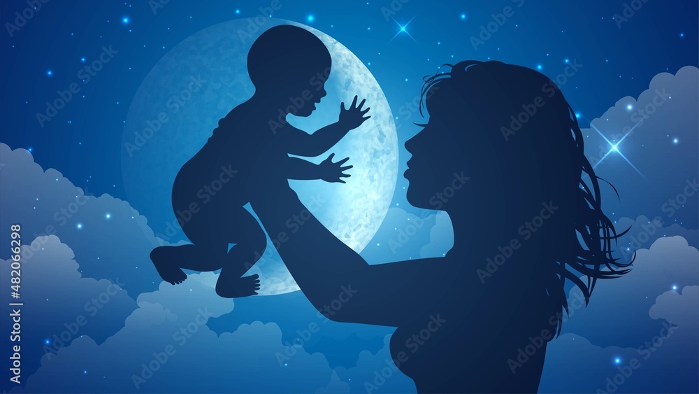Silhouette of a mother holding a baby against the background of the moon and starry sky Silhouette of a mother holding a baby against the background of the moon and starry sky