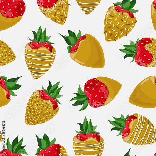 Vector seamless pattern of strawberries covered with golden chocolate decorated with confectionery topping isolated on white background.