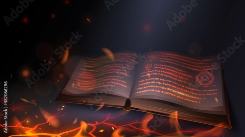Magic book with glowing text in hellfire, witch spellbook