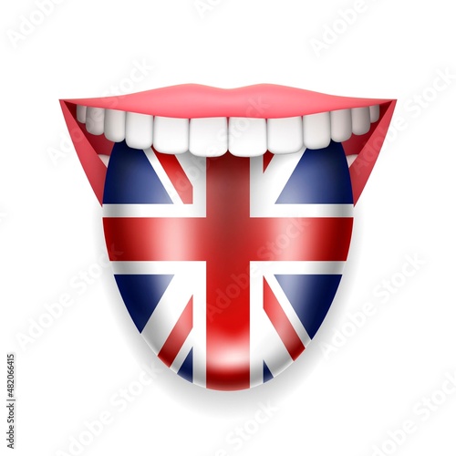Smiling mouth with tongue hanging out in the colors of the British flag