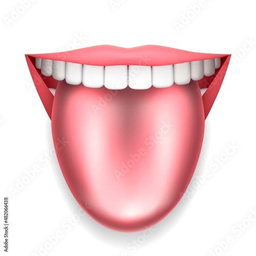 Smiling open mouth with tongue hanging out on white background