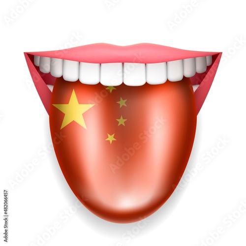 Smiling mouth with tongue hanging out in the colors of the Chinese flag