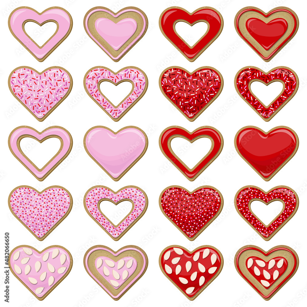 Vector set of different cookies in the form of hearts covered with red and pink glaze decorated with almond chips and confectionery topping isolated on white background.