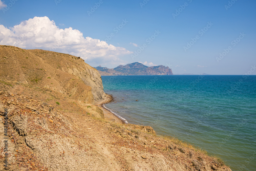 Naklejka premium View of the Black Sea and the Kara Dag volcano in Crimea