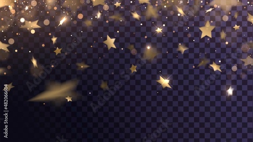 Decorative element with falling golden stars with blur effect on transparent background
