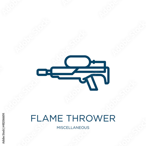 flame thrower icon from miscellaneous collection. Thin linear flame thrower, fire, gun outline icon isolated on white background. Line vector flame thrower sign, symbol for web and mobile