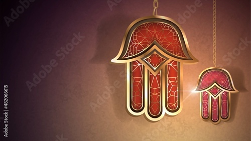 Red-gold Hamsa (Hands of Fatima) on a chain, oriental amulet from the evil eye