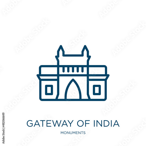 gateway of india icon from monuments collection. Thin linear gateway of india, tourism, monument outline icon isolated on white background. Line vector gateway of india sign, symbol for web and mobile