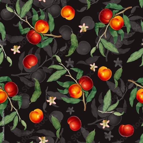 Seamless pattern with peach fruits, blossom and green leaves on black background, vintage botanical wallpaper