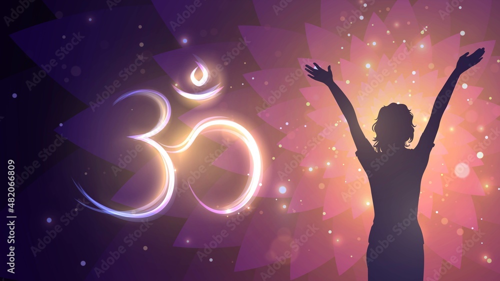 Silhouette of a woman with raised hands against the background of a sparkling pattern and the sign Om