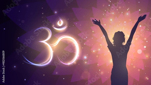 Silhouette of a woman with raised hands against the background of a sparkling pattern and the sign Om
