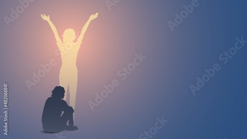 Silhouette of a depressed person sitting on the floor and happy one