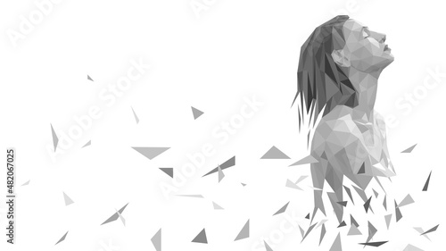 Low poly black and white figure of a woman crumbling into pieces