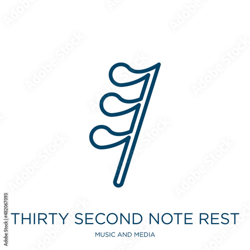 thirty second note rest icon from music and media collection. Thin linear thirty second note rest, 20, beam outline icon isolated on white background. Line vector thirty second note rest sign, symbol photo