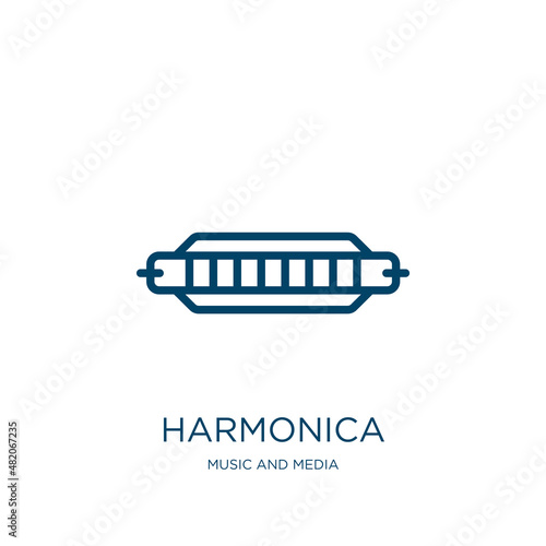 harmonica icon from music and media collection. Thin linear harmonica, music, sound outline icon isolated on white background. Line vector harmonica sign, symbol for web and mobile