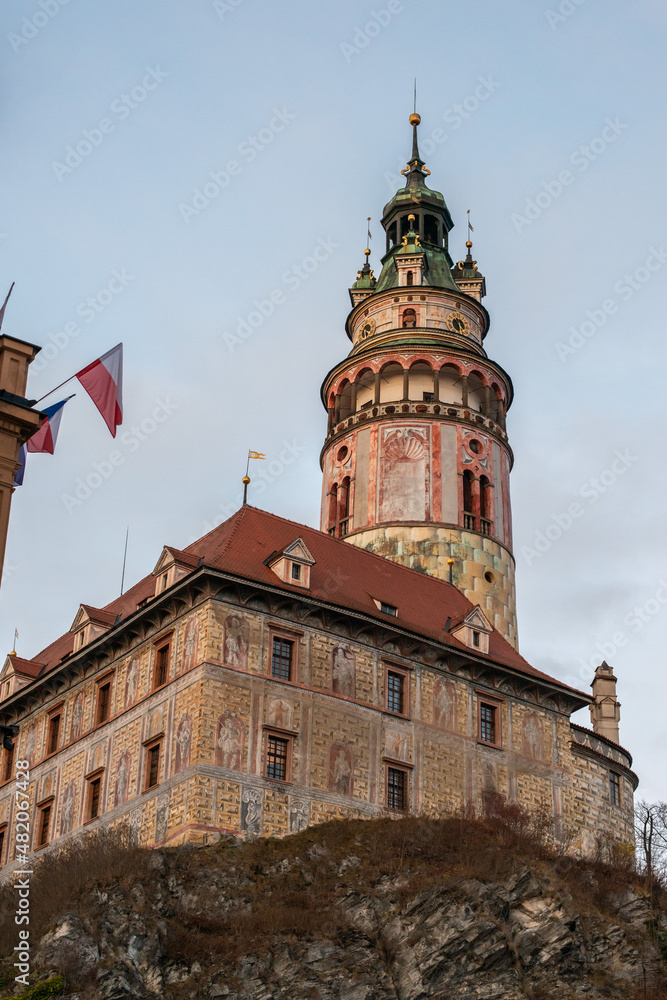 View of the historic Český Krumlov Castle Tower located in the town of the same name Český Krumlov (Krumau). The chateau developed from a castle built around 1240 by the Witigonen branch of the Český 