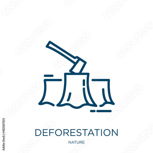 deforestation icon from nature collection. Thin linear deforestation, forest, pollution outline icon isolated on white background. Line vector deforestation sign, symbol for web and mobile