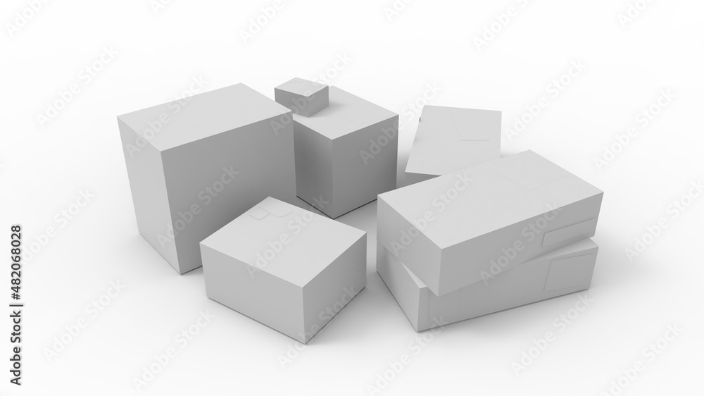 3D rendering of a design mockup template of multple cardboard product packaging boxes isolated in studio background. 3D rendering of a design mockup template of multple cardboard product packaging boxes isolated in studio background.