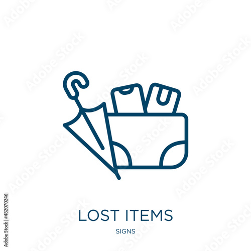 lost items icon from signs collection. Thin linear lost items, idea, lost outline icon isolated on white background. Line vector lost items sign, symbol for web and mobile