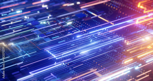 Abstract wire background with lots of data streaking lights, fiber optics. Abstract futuristic electronic circuit technology background.