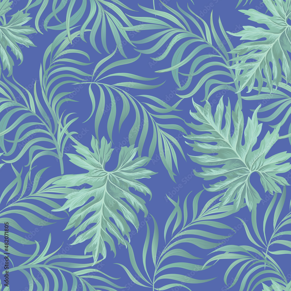 Jungle vector pattern with tropical leaves.Trendy summer print. Exotic seamless background.	
