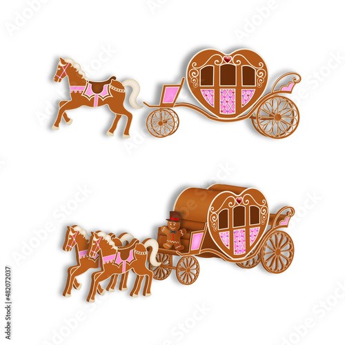 Isolated gingerbread heart-shaped carriages with horses. valentine's day or wedding gingerbread carriage