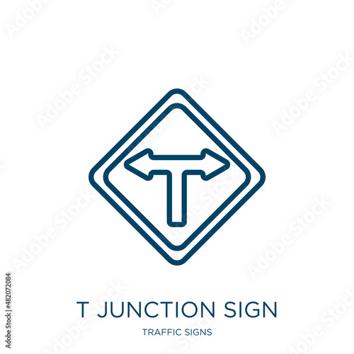 t junction sign icon from traffic signs collection. Thin linear t junction sign, t junction, road outline icon isolated on white background. Line vector t junction sign sign, symbol for web and mobile