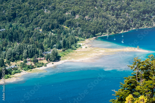 Beach in nature. Lake in the mountains. Aerial view. 