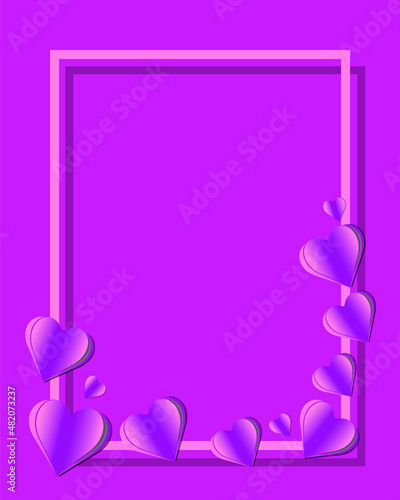 Abstract background mockup with frame and hearts in paper cut style in neon and dark colors. Valentine's day card with frame for text in purple colors. Postcard, invitation, poster