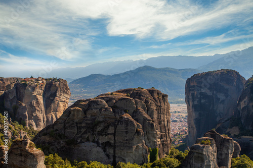 Scenic view on natural rock formations of Meteora  Kalabaka  Greece and Monastery of Rousanou