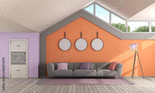Colorful living room with front door and pitched roof